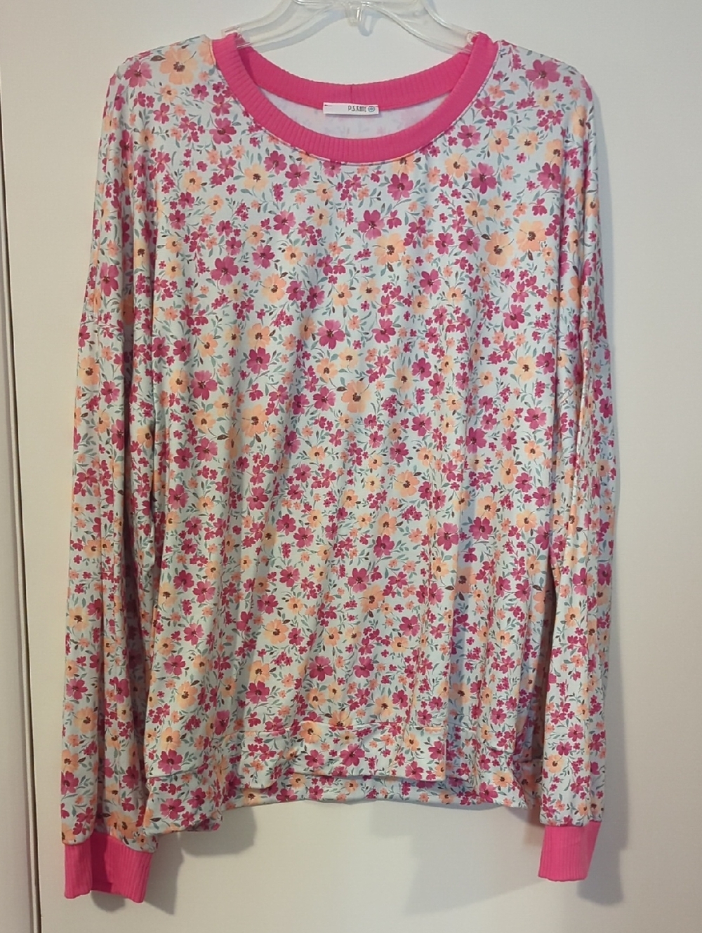 Floral Long-Sleeve Tee with Pink Trim